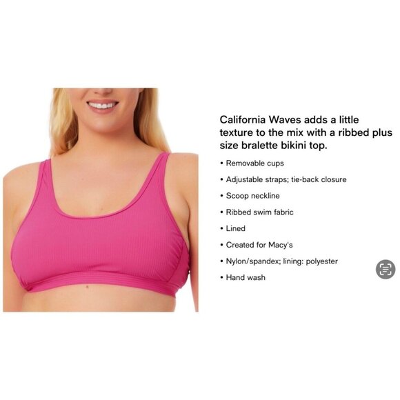 California Waves Plus Size 3X (22/24)‎ Fuchsia Ribbed Bralette Bikini Set NWT - Picture 4 of 5